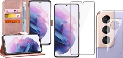 Hoesje geschikt voor Samsung Galaxy S21 FE - Book Case Kunstleer Wallet Cover Portemonnee Pasjeshouder Hoes Roségoud - Tempered Glass Screenprotector - Camera Lens Protector