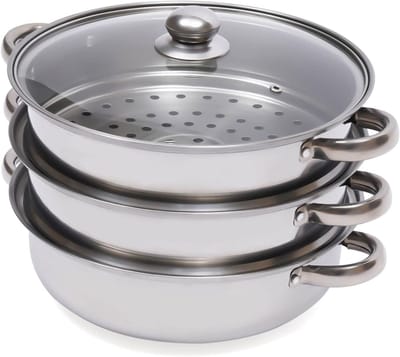 Stoompan met Deksel - Drie Laags Kookpan - Gezond Koken - Grote Capaciteit - 28 cm - Zilverkleurig