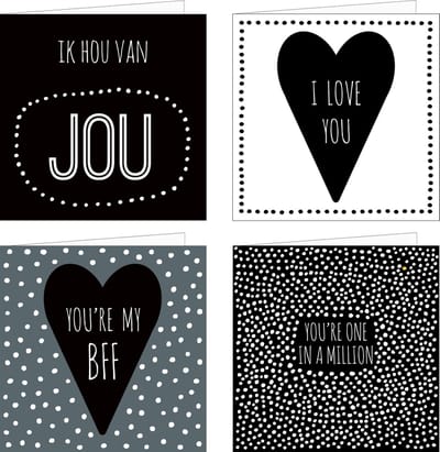 4x wenskaarten / set kaarten en enveloppen | LIEFDE & VRIENDSCHAP | o.a. I love you / ik hou van jou / my BFF