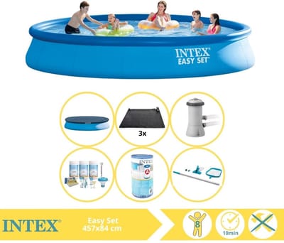Intex Rond Opblaasbaar Easy Set Zwembad - 457 x 84 cm - Blauw - Inclusief Pomp - Afdekzeil - Onderhoudspakket - Filter - Schoonmaakset - Solar Mat - 7-delig