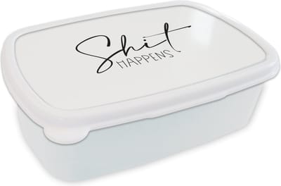 Broodtrommel Wit - Lunchbox - Brooddoos - Spreuken - Quotes - Shit happens - Zwart - Wit - 18x12x6 cm - Volwassenen