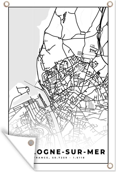Muurdecoratie Kaart – Stadskaart – Frankrijk – Plattegrond - Boulogne-sur-Mer - Zwart wit - 120x180 cm - Tuinposter - Tuindoek