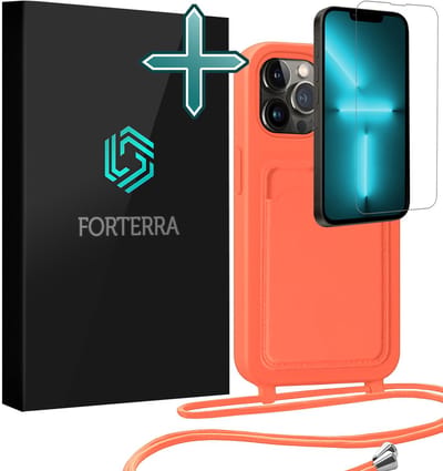 Hoesje Geschikt voor iPhone 13 Pro Pashouder Case Siliconen Hoes Met Koord Met Screenprotector - Hoes Geschikt voor iPhone 13 Pro Met Telefoonkoord Hoesje Back Cover Met Pasjeshouder - Papaya