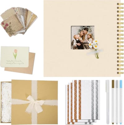 Vienrose Linnen hardcover fotoalbum, DIY Scrapbook Album Gift Set 25,5 x 25,5 cm met 40 witte pagina's, versieringsset voor bruiloft, babyshower, reizen, Kerstmis, creatieve knutselset (beige)