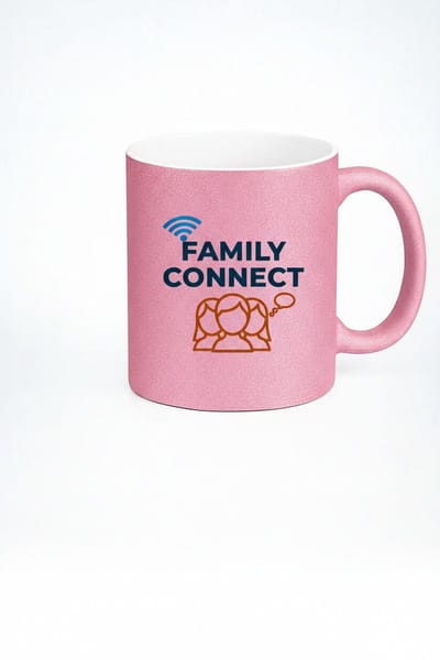 Family Connect Mok 330ml – Roze Keramische Koffiemok met WiFi Familie Icoon Design – Hartverwarmend Cadeau voor Mama, Papa & Dierbaren