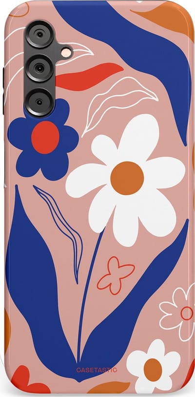 Casetastic hoesje geschikt voor Samsung Galaxy A14 (2023) 5G / Samsung Galaxy A14 (2023) 4G - Dubbellaagse bescherming - Eenvoud in bloei - Fashion Case - Perzik Donkerblauw Wit