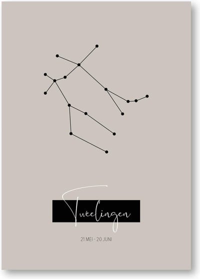 MOODZ design | Sterrenbeeldposter Tweelingen | A3 formaat | warm grijs | naturel