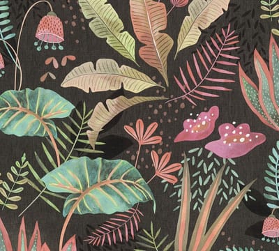 SPEELSE BLADEREN BEHANG | Botanisch - Meerkleurig Zwart Groen Roze Oranje - LivingWalls Famous Garden