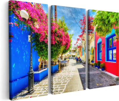 Artaza Canvas Schilderij Drieluik Kleurrijke Straat op het Eiland Kos, Griekenland - 180x120 - Groot - Foto Op Canvas - Canvas Print