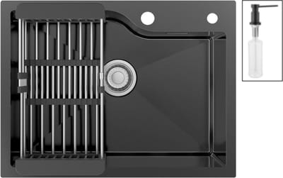 CECIPA max Spoelbak Keuken 60x45cm - Spoelbakken Keuken Met Zeepdispenser – Enkele spoelbakken RVS - Spoelbakken met afdruip - Met Verstelbaar Mandje - Antraciet