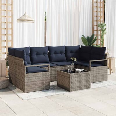 vidaXL Bankstel 7 st 6-Aantal zitplaatsen Grijs en Blauw poly rattan
