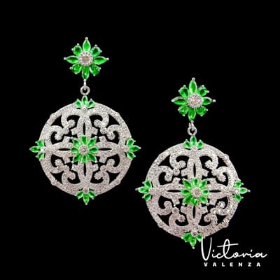 Victoria Valenza Saint-Tropez Luxe Oorbellen Dames Messing Oorhangers Dames Oorringen - Groene Steen - Kleur Zilver - 1 Paar