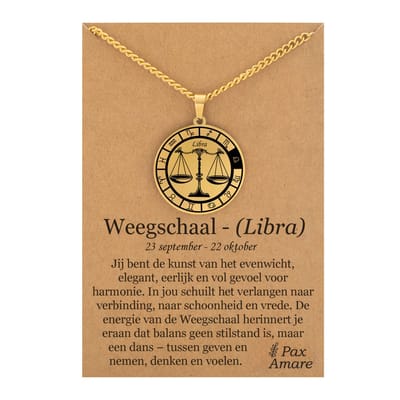 Sterrenbeeld Weegschaal (Libra) Ketting op Cadeau Kaartje - Goudkleurig - Roestvrij Staal Zodiac Talisman - Stainless Steel - 60cm - Pax Amare