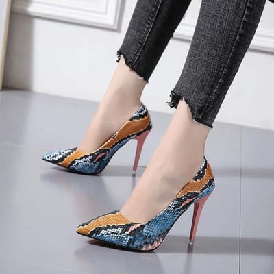 Nouvelle mode talons hauts femme, chaussures de printemps de grande taille, escarpins pour femmes, bout pointu, motif serpent couleurs mélangées, livraison directe 41 bleu