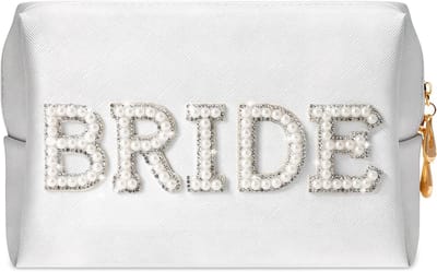Bride Makeup Bag - Letter White Beads - Rhinestone Toiletry Bag voor Vrouwen - Meisjes - Reizen - Witte Parels