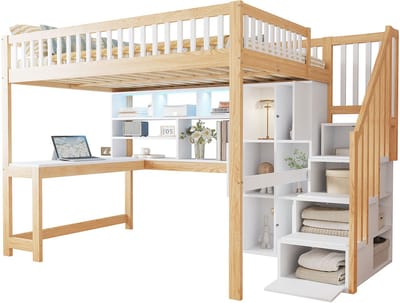 REDOM hoogslaper 140x200 cm – Grenenhout + MDF wit/naturel – LED onder bed – Opbergladder met vakken – Planken – Geïntegreerd bureau – 150 kg