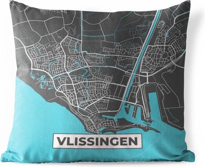 Buitenkussen - Plattegrond - Vlissingen - Grijs - Blauw - 45x45 cm - Weerbestendig - Stadskaart