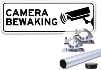 Camerabewaking bord - Weerbestendig Aluminium - 40x15 cm - Bevestiging: Met paal 120 cm + paalbeugels + paaldop