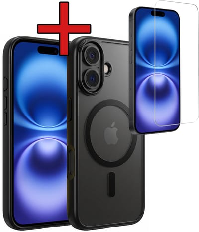 Hoesje - Met Screenprotector - Geschikt voor Apple iPhone 16 - Magsafe Compatible - Sterk & Shockproof - Shock Proof Case - Back Cover - Telefoon Hoes - Telefoonhoes - Zwart