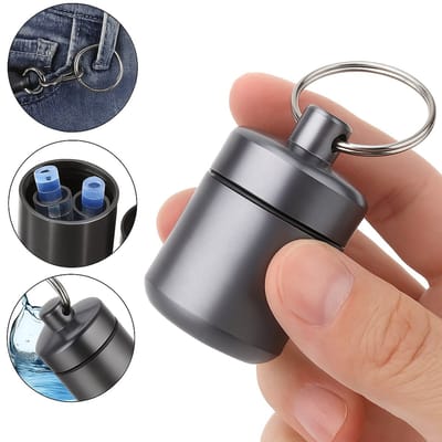 Pillendoosje Met Sleutelring I Pillendoos I Medicijn doosje I Pil Box I Pillenkoker I Sleutelbos | Waterdicht I Aluminiumlegering I Donkergrijs