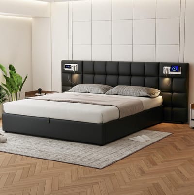 MEUNIQ tweepersoons bed 180 x 200 cm met hydraulische opbergruimte, USB, draadloos opladen, verlichting, lattenbodem en gestoffeerd hoofdbord voor slaapkamer zwart