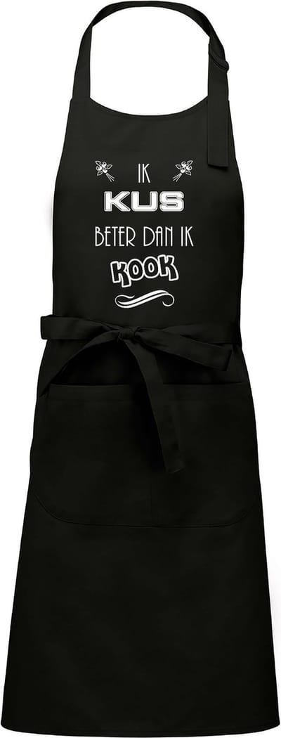 Mijncadeautje Schort -Ik kus beter dan ik kook - Mooie - grappige - leuke Keukenschort - Zwart