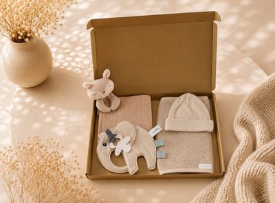 Kraampakket beige – Hydrofiele Knuffeldoek, Baby speenkoord, muts & Slab – neutraal kraamcadeau – baby meisje / jongen – babyshower – Luxe Gouden Geschenkverpakking – Brievenbus Kraamcadeau