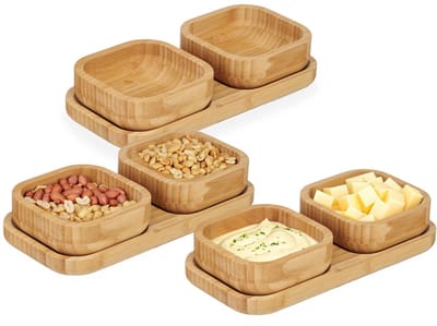 Kinvara Snack serveer schaaltjes op plank - 3x set - bamboe hout - tapas/nootjes/saus bakjes