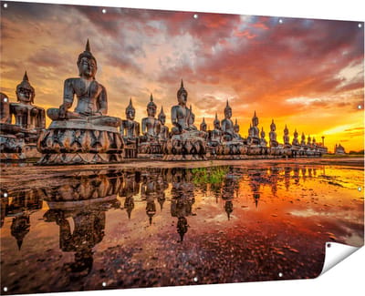 Gards Tuinposter Boeddha Beelden tijdens Zonsondergang - 180x120 cm - Tuindoek - Tuindecoratie - Wanddecoratie buiten - Tuinschilderij