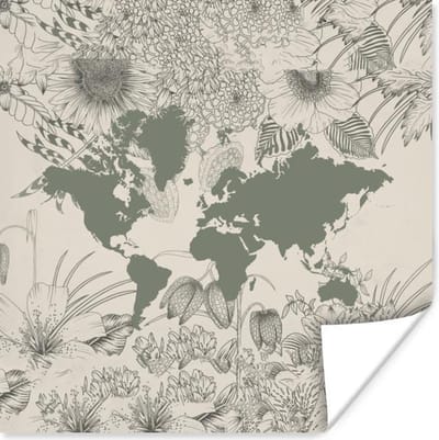 Poster 30x30 cm - Wereldkaart - Grijs - Planten - Posters - Kamer decoratie - Wanddecoratie woonkamer - Muurdecoratie slaapkamer