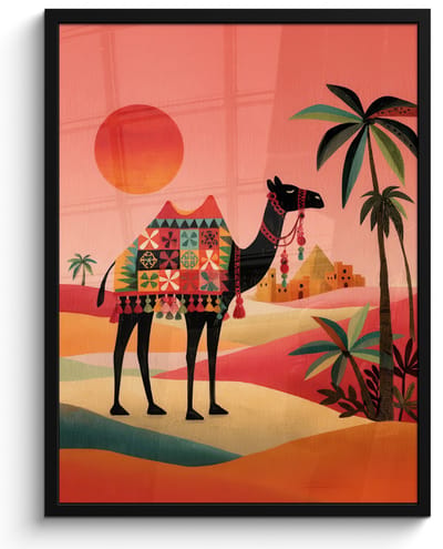 Poster in lijst - Fotolijst 60x80 cm - Posters - Kameel - Gekleurd tapijt - Duinen - Rode zon - Posterlijst zwart - Decoratie - Wanddecoratie woonkamer - Muurdecoratie slaapkamer