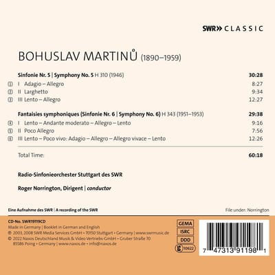 Radio-Sinfonieorchester Stuttgart des SWR, Roger Norrington - Martinů: Symphonies Nos. 5 & 6 (CD)