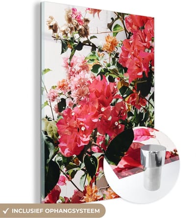 MuchoWow® Glasschilderij 120x160 cm - Schilderij acrylglas - Bloemen - Struik - Zomer - Roze - Foto op glas - Schilderijen