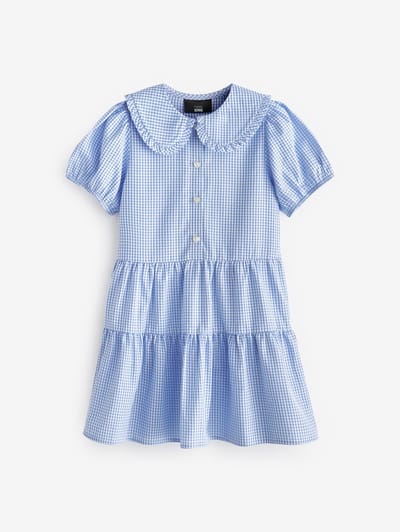 Next - Meisjes - Jurk met mooie kraag, van katoenrijk naar school met gingham-ruit - Blauw