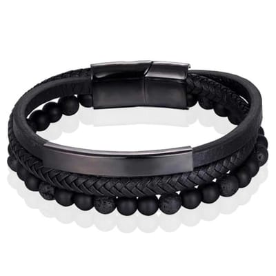 Heren armband Memphis Agaat kraal gevlochten leer Zwart - 21cm