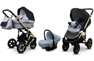 BabyLux® Kinderwagen 3in1 – SKY LARK - Silver Flex Black GOLD FRAME - Opklapbare Wandelwagen incl. Reiswieg, Multifunctionele Buggy Sportstoel, Autostoel - Combi-kinderwagen met Luiertas, Regenhoes, Klamboe, Bekerhouder, etc.
