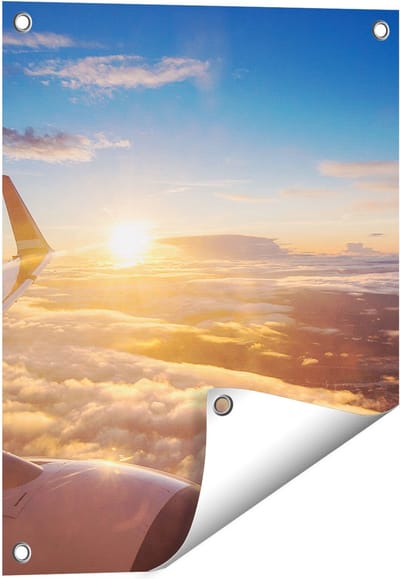 Gards Tuinposter Vliegtuig in de Lucht met de Zon - 40x50 cm - Tuindoek - Tuindecoratie - Wanddecoratie buiten - Tuinschilderij
