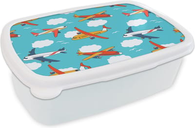 Broodtrommel Wit - Lunchbox - Brooddoos - Patronen - Vliegtuig - Wolk - Lucht - Jongen - Kindje - Kinderen - Kids - 18x12x6 cm - Volwassenen