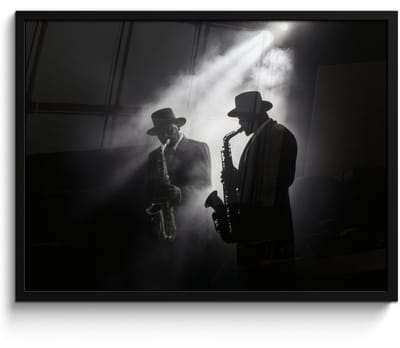 Poster in lijst - Fotolijst 70x50 cm - Posters - Saxofonisten - Hoeden - Rook - Licht - Posterlijst zwart - Decoratie - Wanddecoratie woonkamer - Muurdecoratie slaapkamer