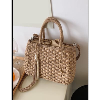 Vakantie Casual Geweven Franje Trekkoord Tote Tas, Mode Zomer Vakantie Tas, Strand Essentiële Dames Tassen Voor Vakantie & Feestdagen one-size brown