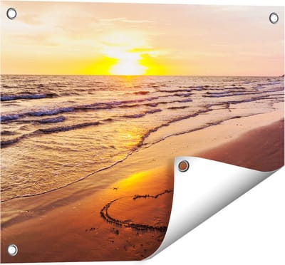 Gards Tuinposter Zonsondergang op het Strand met een Hartje - 50x40 cm - Tuindoek - Tuindecoratie - Wanddecoratie buiten - Tuinschilderij