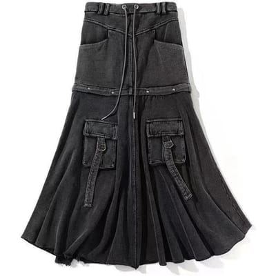 Jupe Longue en Denim Détachable à Poches Multiples Noire pour Femme Automne et Hiver High Street Ample Slim Longue 3XL black