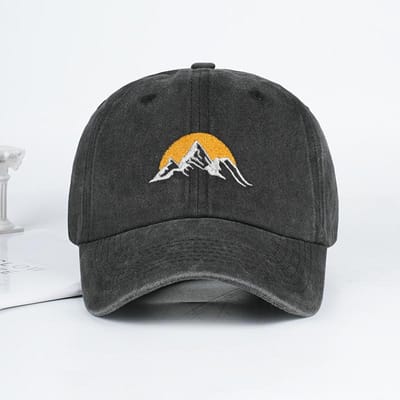 Vintage Berg Zonsopgang Geborduurd Gewassen Baseballpet Verstelbaar Unisex Kamperen Reizen Casual Hoed gray