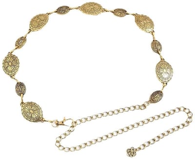 Dailygoods- Kettingriem Verstelbaar - Antiek Gouden Tailleband - Vintage Concho - Boho Stijl - Geschikt voor Jeans/Jurken - 110 x 3 x 0,4 cm - Riem
