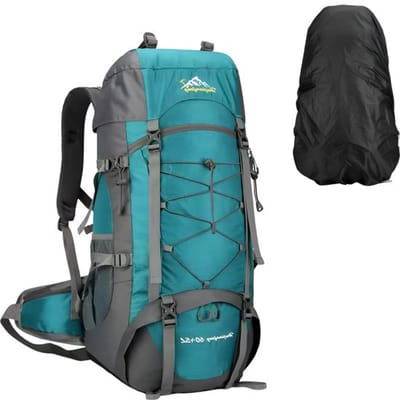 CarryQuest® - 65L Outdoor Bergbeklimming Rugzak - Polyester Travel Backpack met Regenhoes - Schoenentas - Afneembare Schouderriem - Rugventilatie - 77x32x25 cm - Blauw