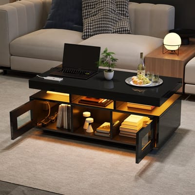 Salontafel - 100x50x43 cm - LED App en Stopcontact - Hoogglans met Opbergkast - MDF - Zwart