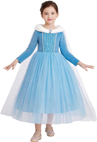 Joya Kids® ijsprinses Jurk Winter met Bontkraag Blauw | Warme Glamour Winterjurk met sleep | Luxe Prinsessenjurk meisje | Jurk Verkleedjurk | Maat 110