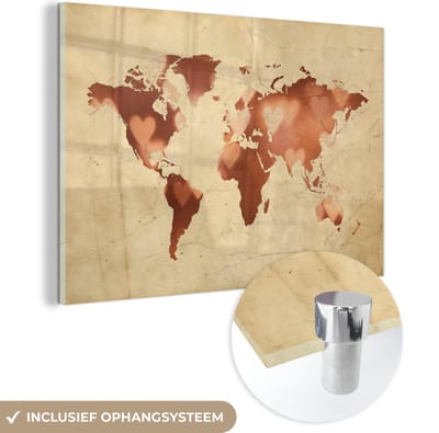 ® Glasschilderij 120x80 cm - Schilderij acrylglas - Wereldkaart - Marmer - Hart - Foto op glas - Muurdecoratie woonkamer - Wanddecoratie slaapkamer - Schilderijen