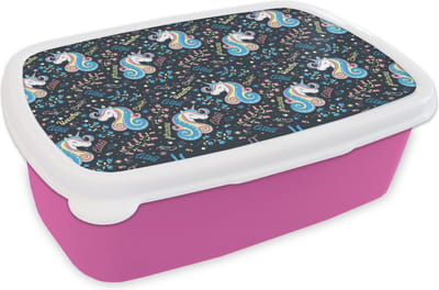 Broodtrommel Roze - Lunchbox - Brooddoos - Unicorn - Quote - Regenboog - Patronen - 18x12x6 cm - Kinderen - Meisje