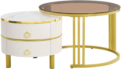 Salontafel 2 in 1 - Ronde Koffietafel met 2 Lades - MDF en Bruin Glas - Woonkamer - Wit en Goud
